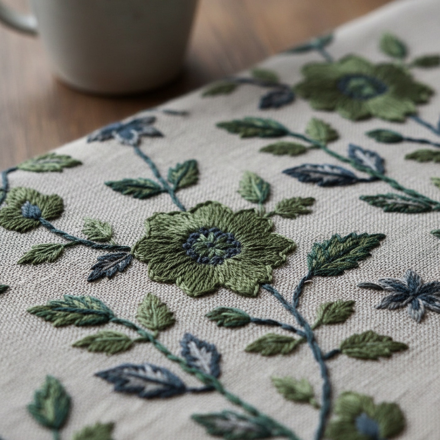 Green floral embroidery on cloth