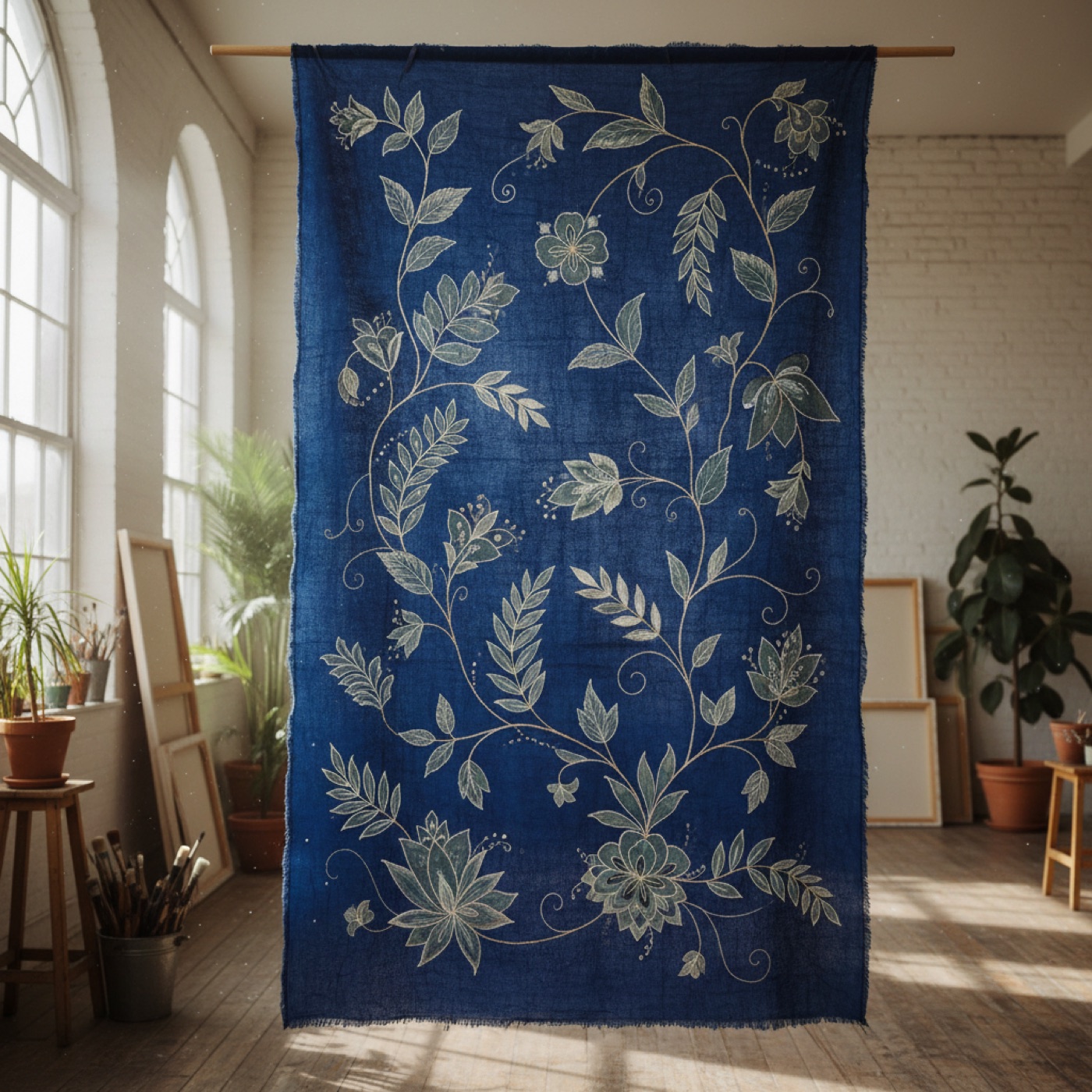 Blue painted cloth panel with botanical details
